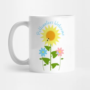 Pollinators Welcome with Sunflower, Daisy, Cosmos, Butterfly, and Bee Mug